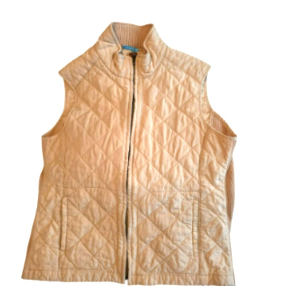 J. McLaughlin Silk Quilted Vest Large Tan Full Zip with Pockets Ribbed Sides